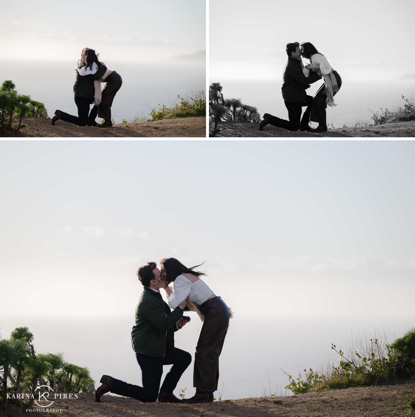 Noah down on one knee proposing to Bejum at the Point Dume overlook with ocean views behind them.