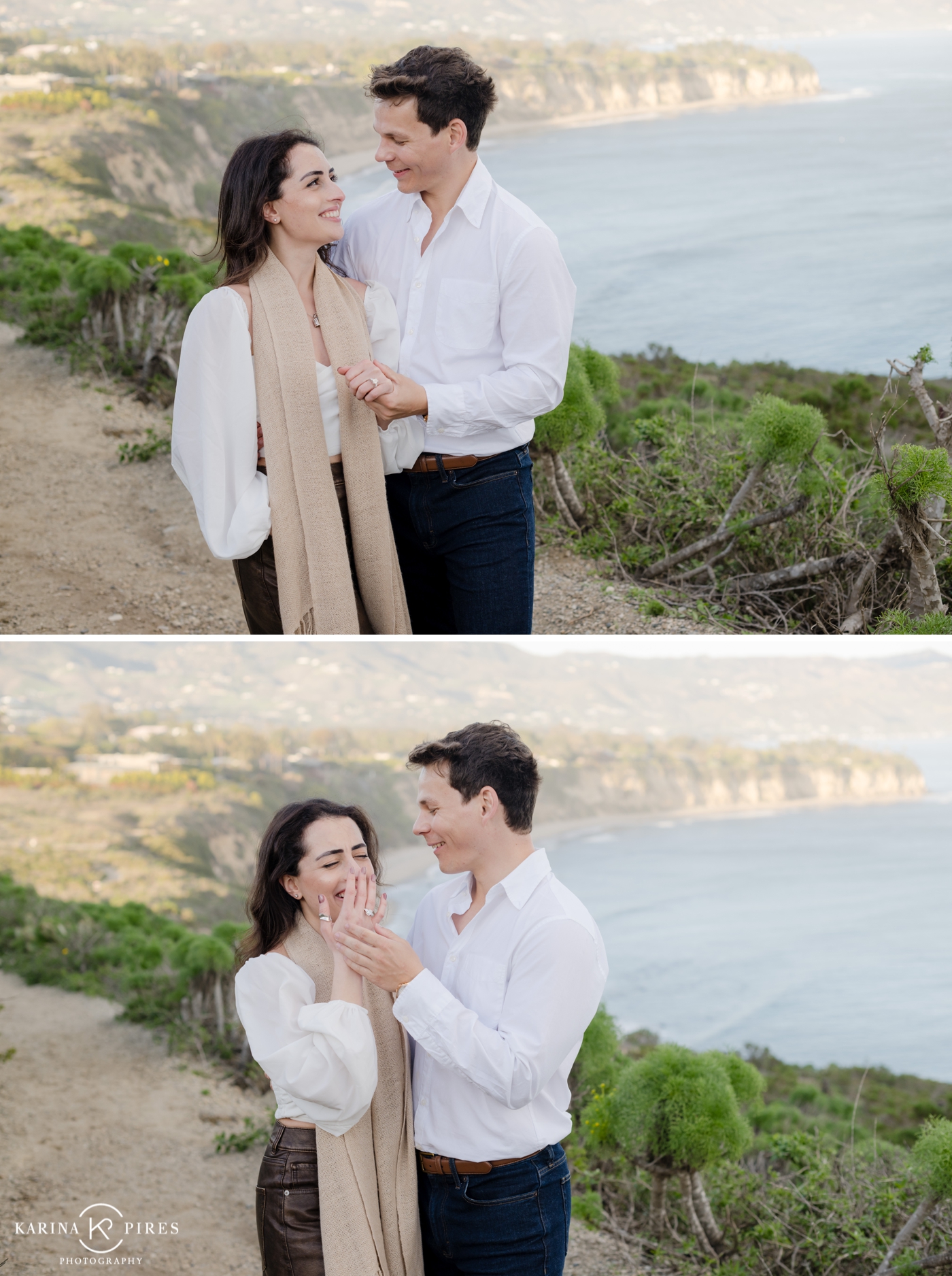 Portrait of a newly engaged couple at the edge of the bluff at Point Dume in Malibu at sunset.
