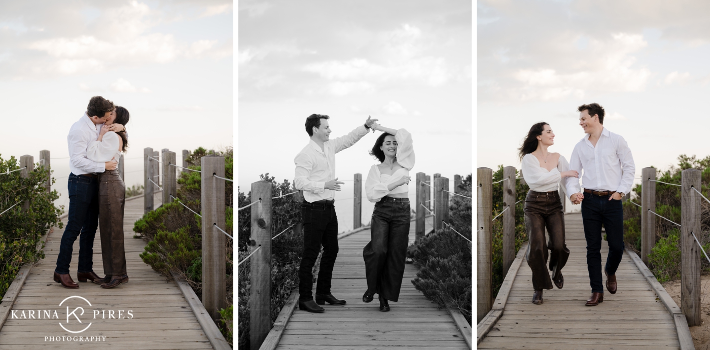 Portrait of a newly engaged couple at the edge of the bluff at Point Dume in Malibu at sunset.