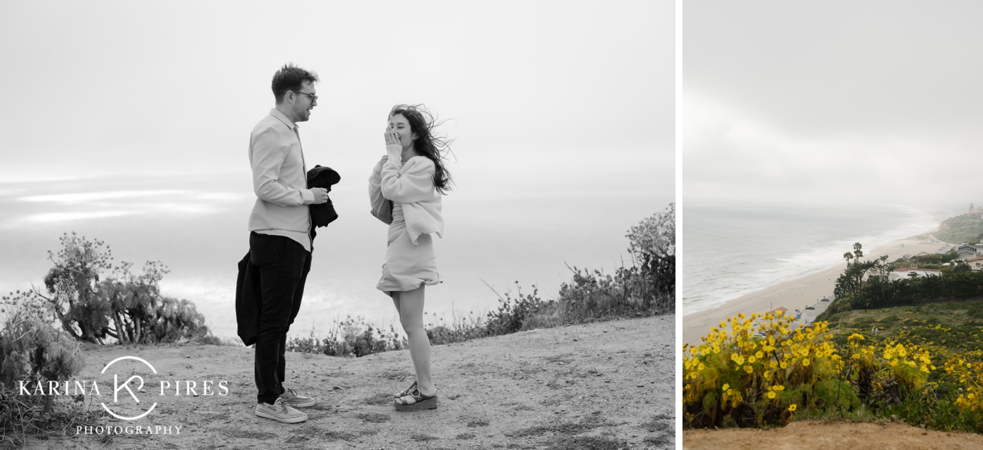 Bradley down on one knee proposing to Nana on a sandy trail at Point Dume, surrounded by yellow wildflowers.
