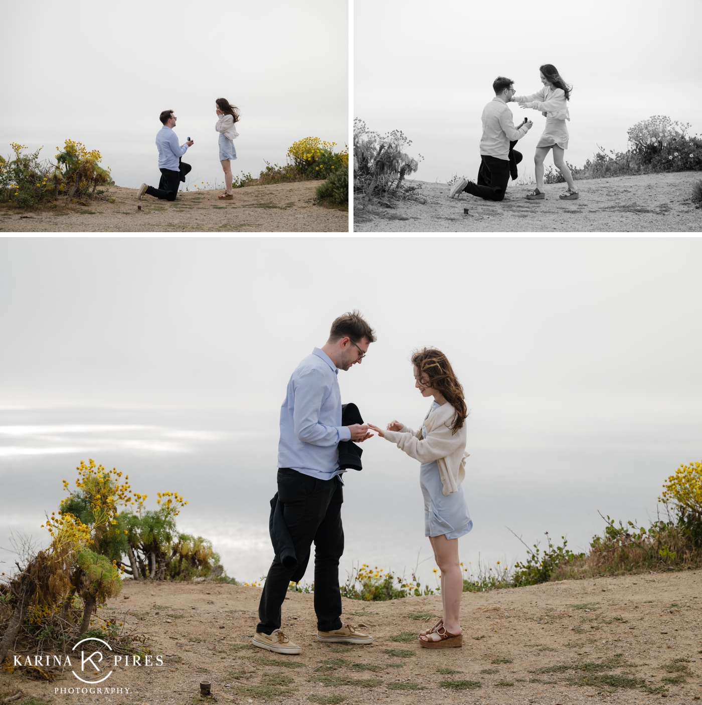 Bradley down on one knee proposing to Nana on a sandy trail at Point Dume, surrounded by yellow wildflowers.