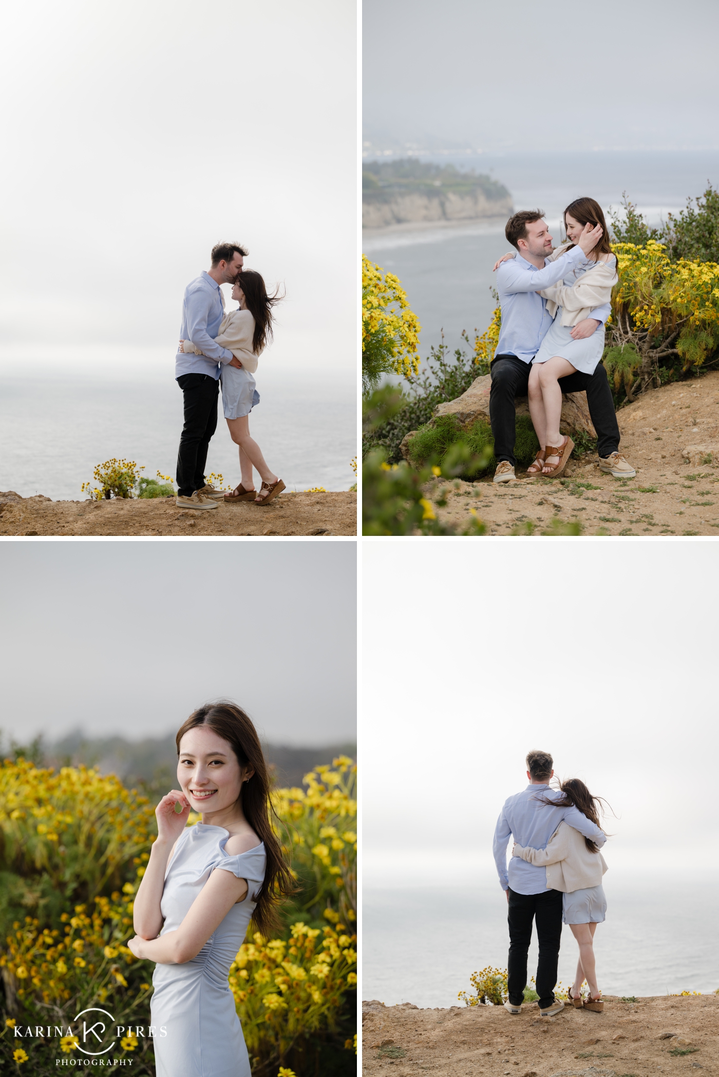 The couple standing on a cliffside, with Malibu’s coastline and spring wildflowers surrounding them.
