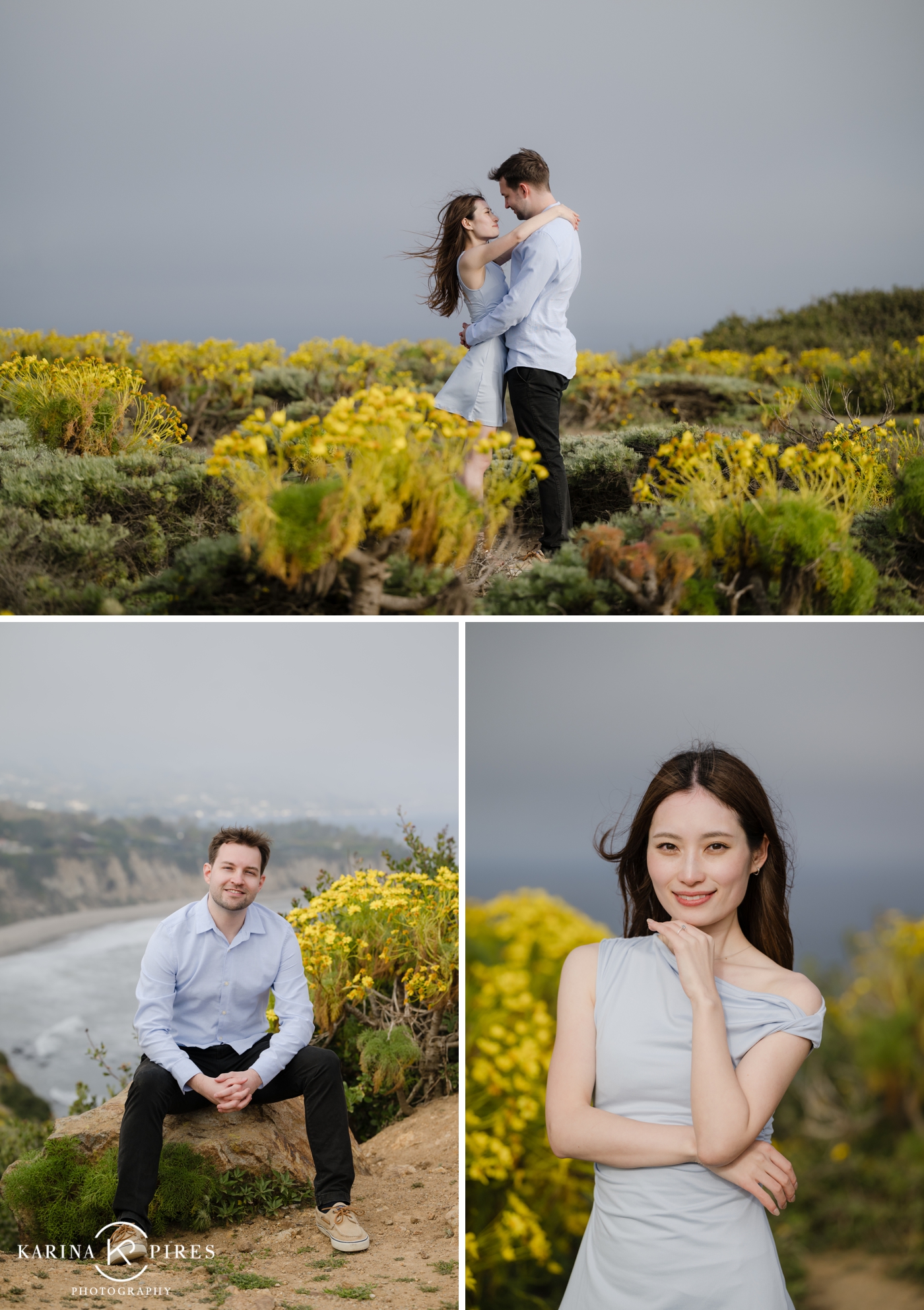 Close-up of Nana’s engagement ring with golden wildflowers and ocean cliffs in the background at Point Dume.