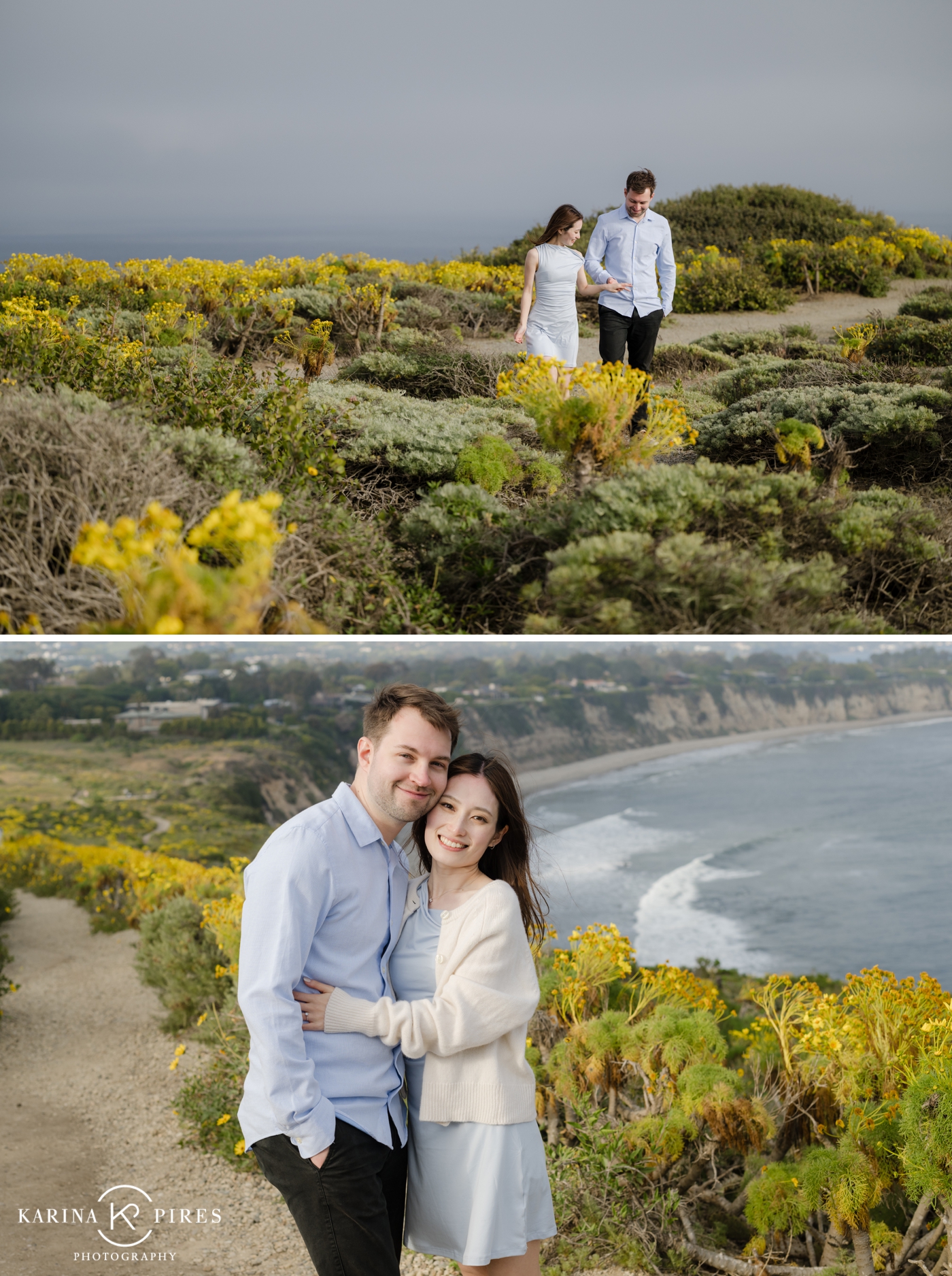 Wide shot of Point Dume’s cliffs with the Pacific Ocean stretching out behind the couple.