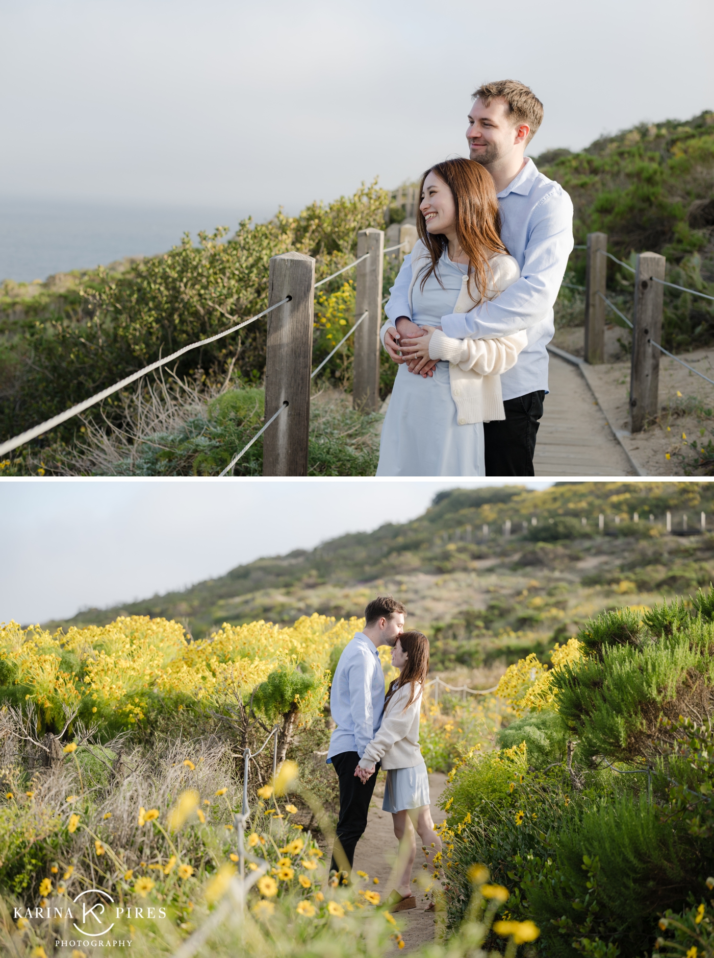 Wide shot of Malibu cliffs with the Pacific Ocean stretching out behind the couple.