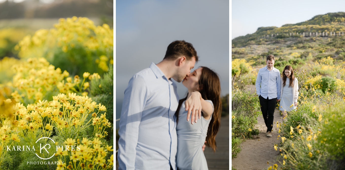 Wide shot of Malibu cliffs with the Pacific Ocean stretching out behind the couple.