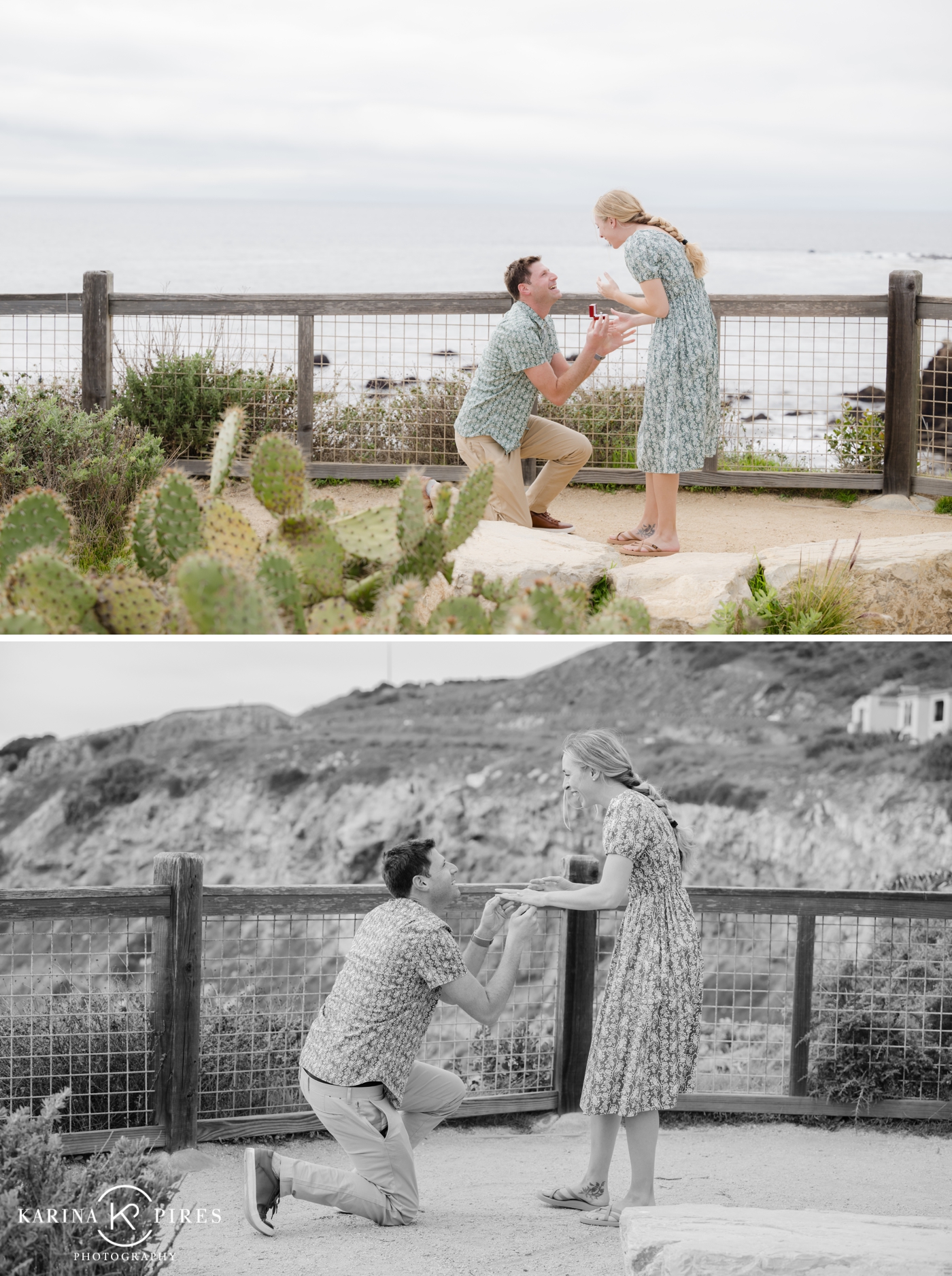 Andrew proposing to Darla on the cliffs at Terranea Resort, with the Pacific Ocean in the background. 