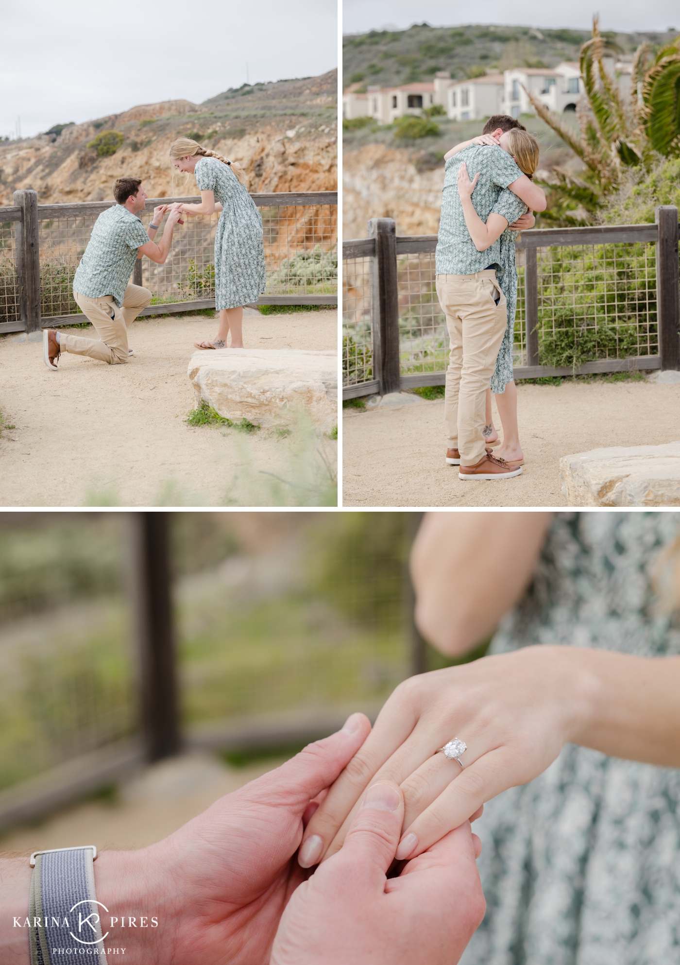 Andrew proposing to Darla on the cliffs at Terranea Resort, with the Pacific Ocean in the background.