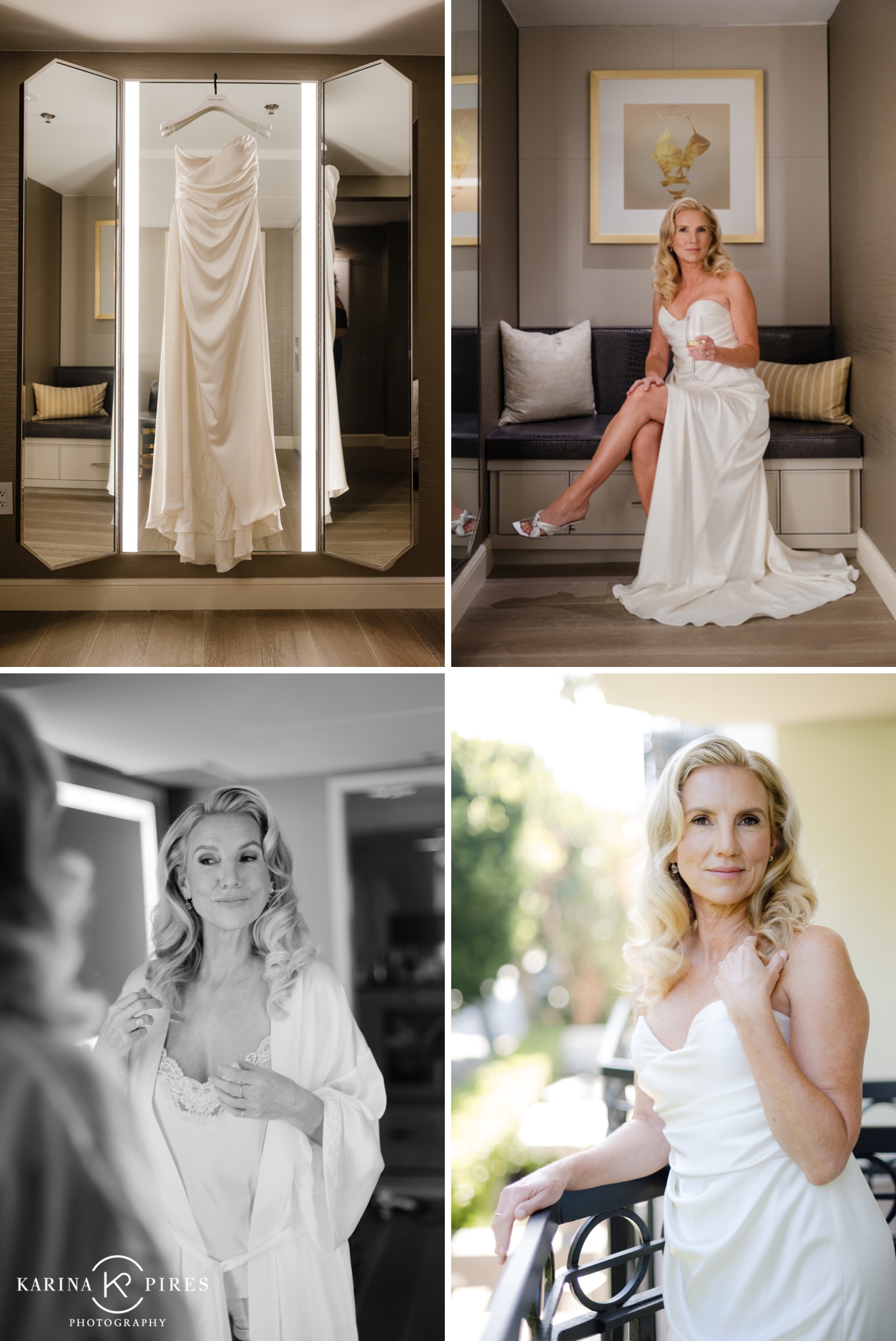 Shay getting ready at L’Ermitage Beverly Hills with portraits on the balcony 