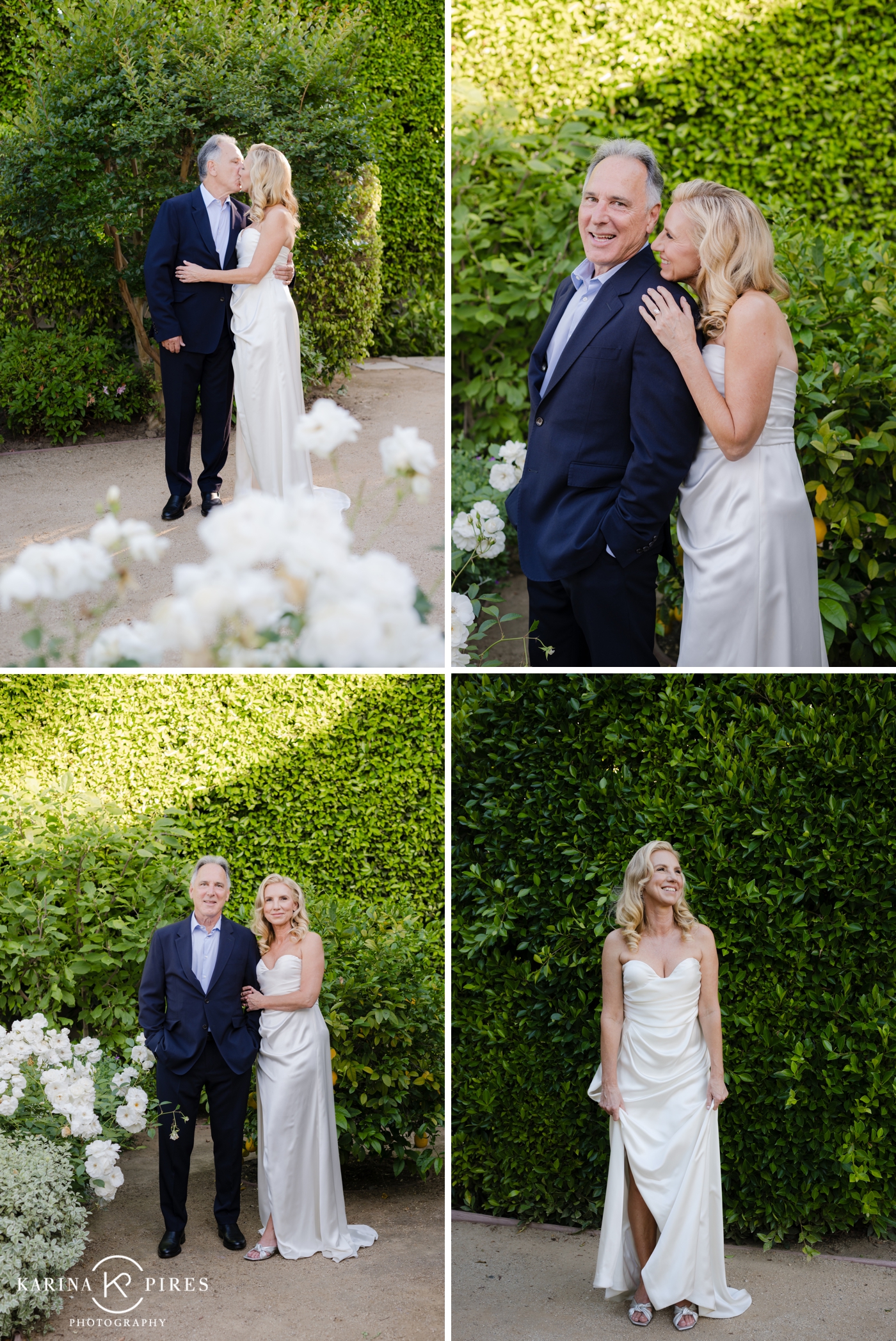 Bride and groom portraits in a garden backyard in Los Angeles, the bride in a satin gown with Hollywood inspired hair and makeup