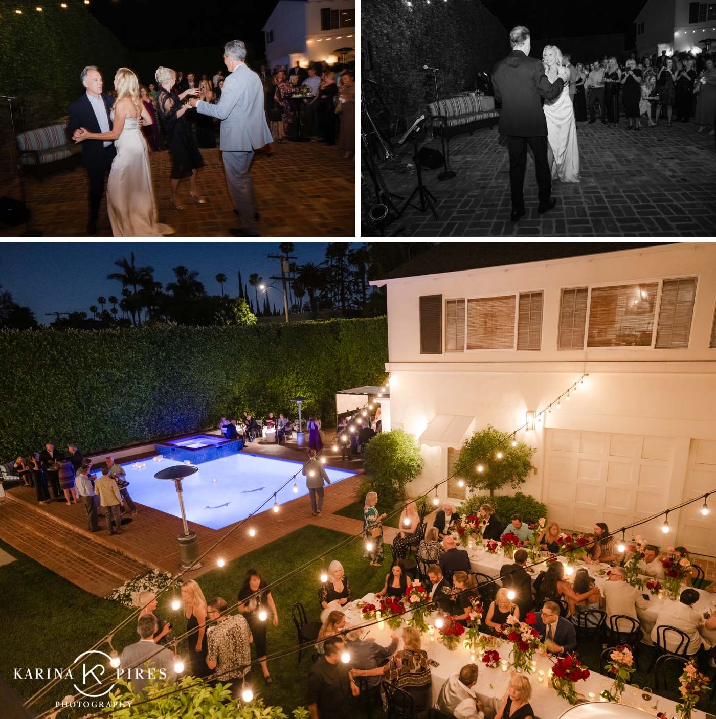 Cafe lights glowing for a backyard wedding reception in Beverly Hills