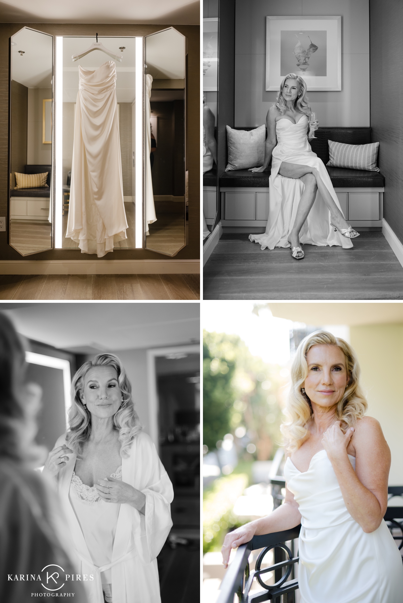 Shay getting ready at L’Ermitage Beverly Hills with portraits on the balcony 