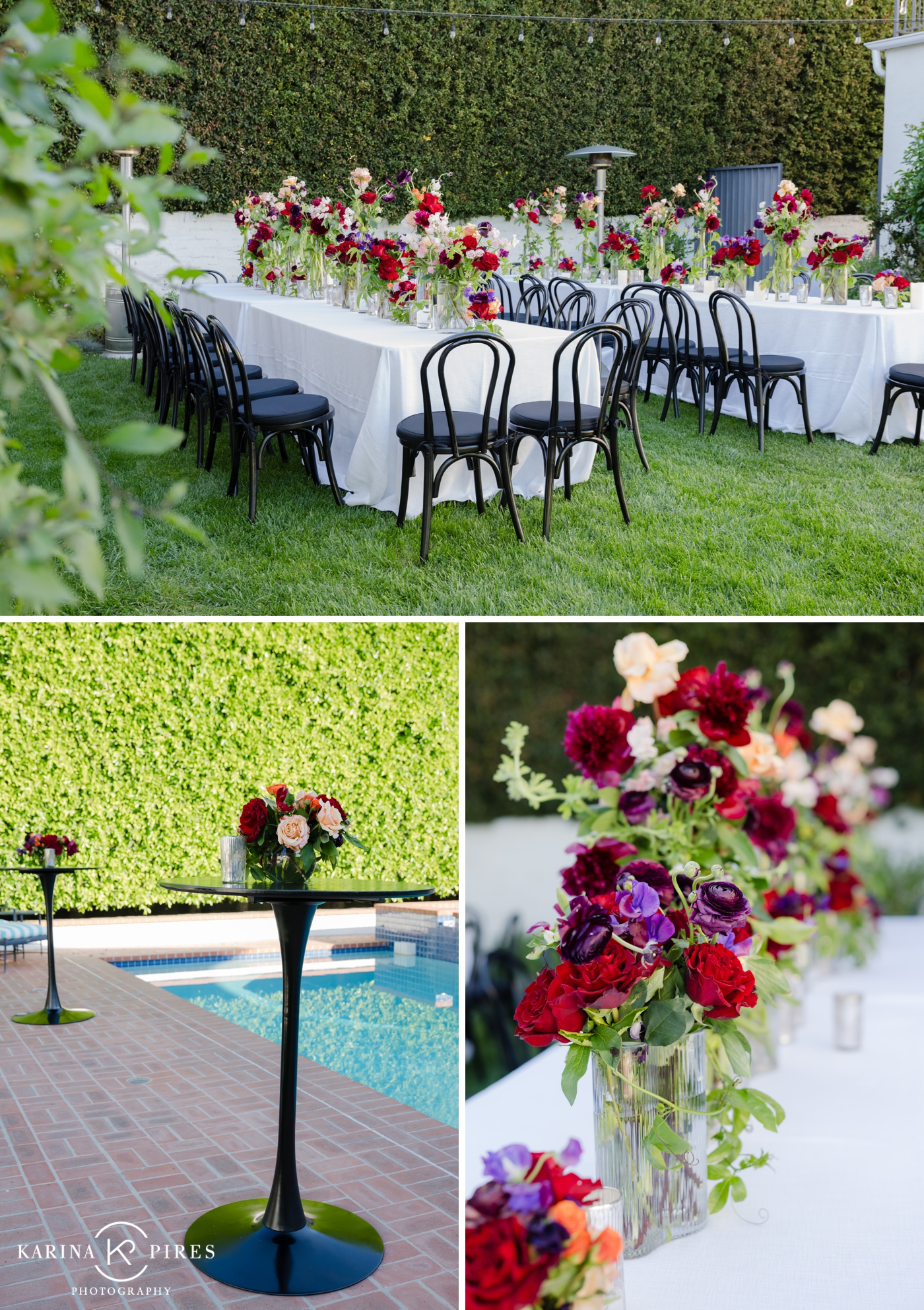 Close-up of burgundy dahlias, red roses, and blush spray roses in a clear vase centerpiece for a wedding in Beverly Hills