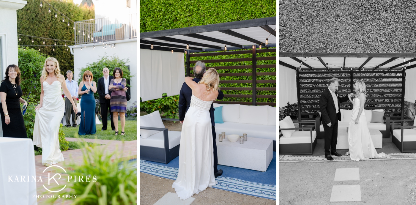 Bride and groom first look by a pool for a backyard wedding in Beverly Hills