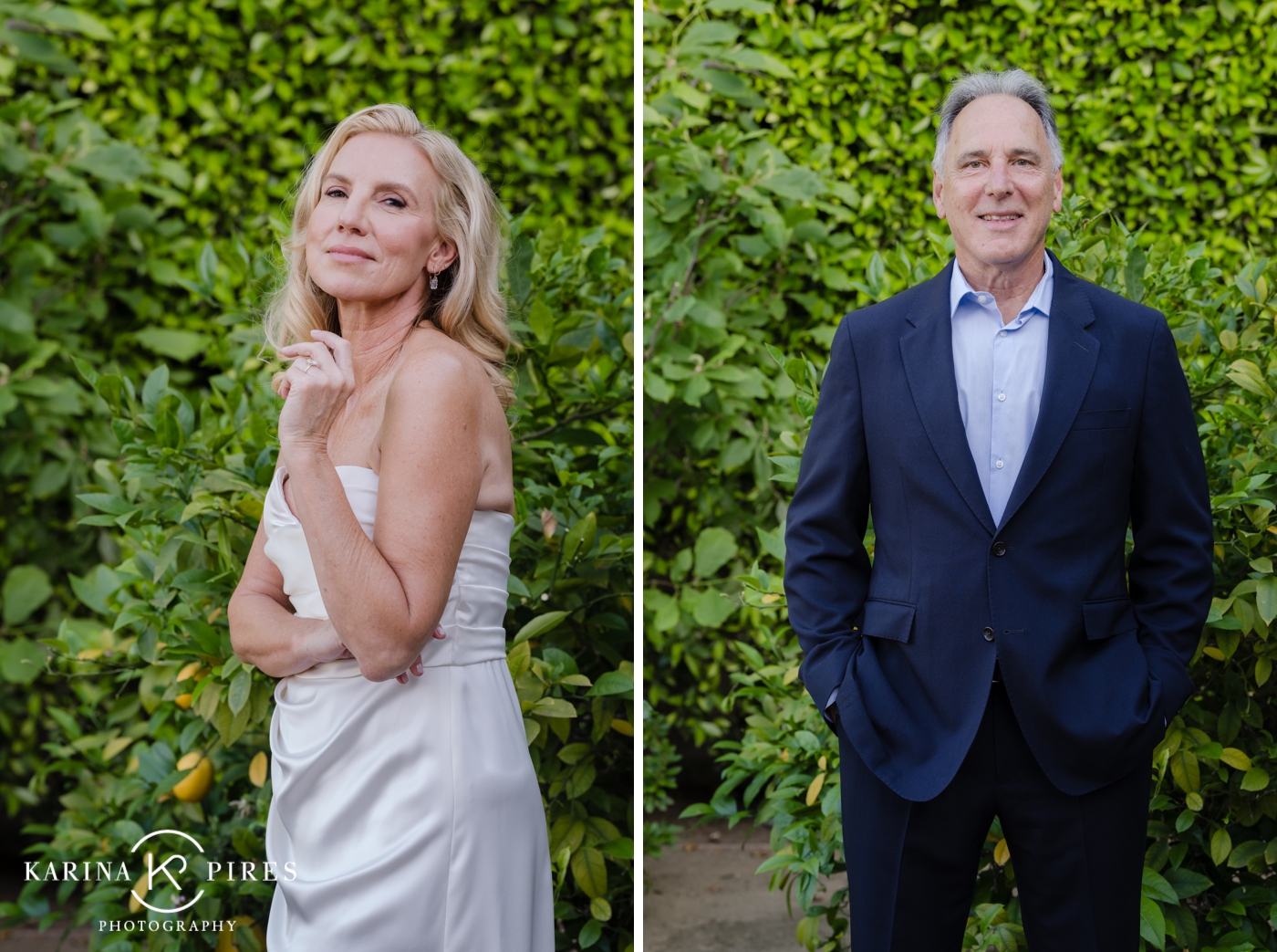Bride and groom portraits in a garden backyard in Los Angeles, the bride in a satin gown with Hollywood inspired hair and makeup
