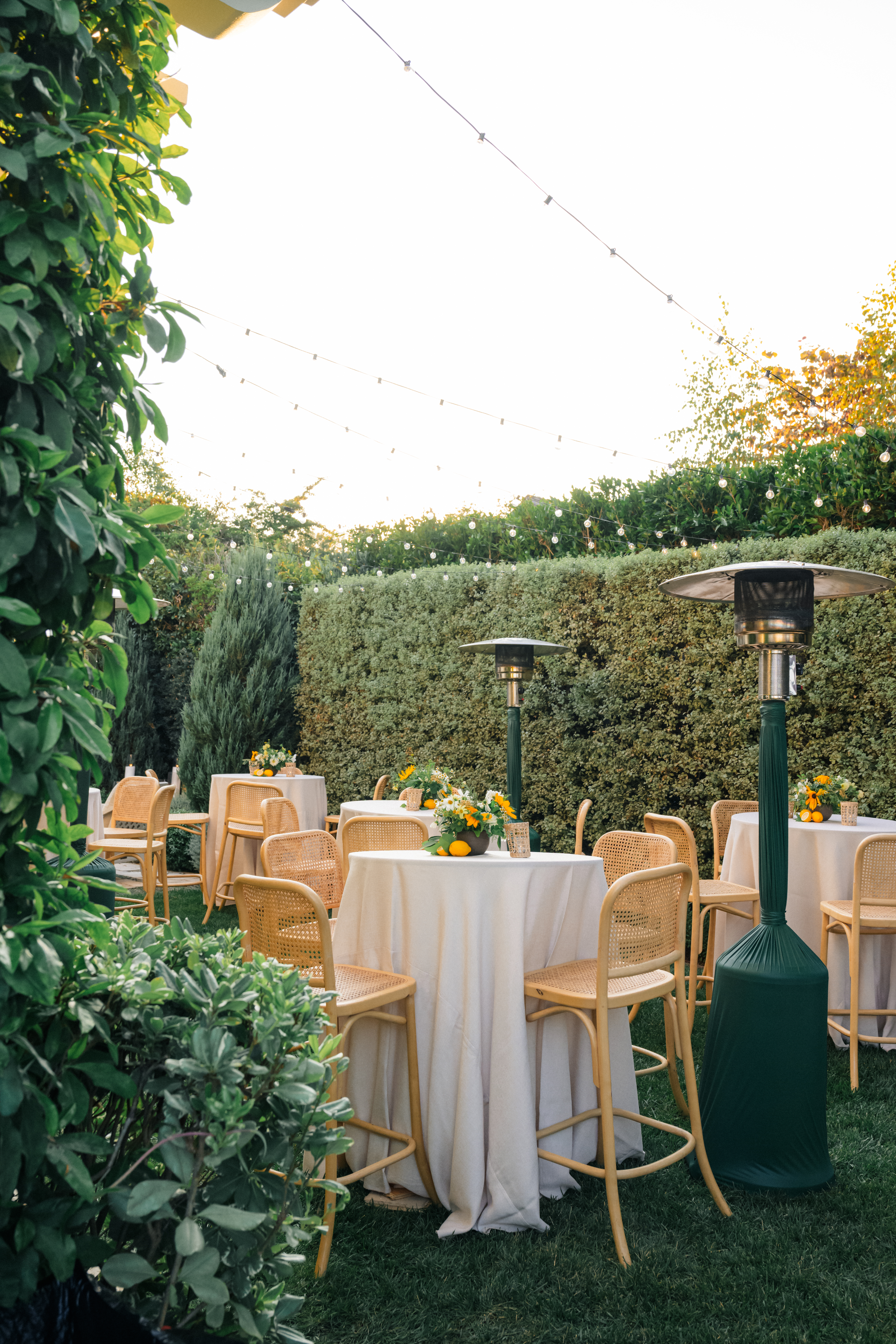 A summer engagement party in a backyard of a home in Brentwood, California