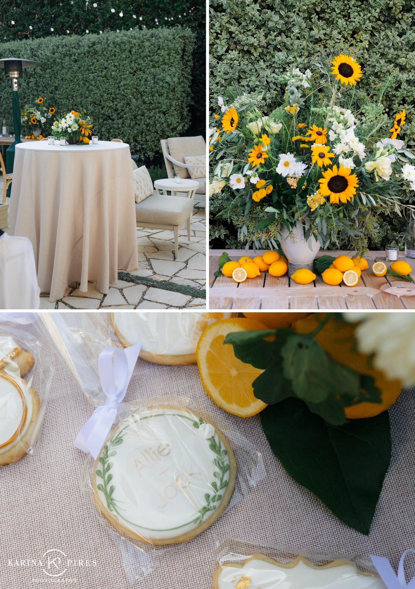 Cocktail tables covered in champagne linens, with sunflowers and daisy centerpieces