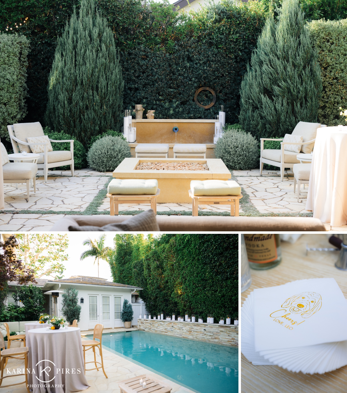 A wide shot of the Brentwood backyard engagement party setup, with lounges and cocktail tables around the pool.