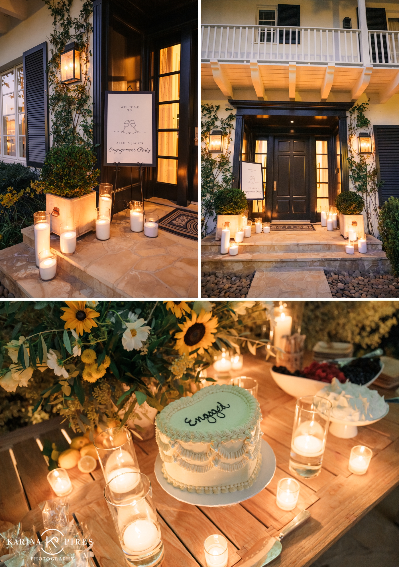 Candles all around the front of a home, and on the cake table with a heart shaped vintage style engagement cake