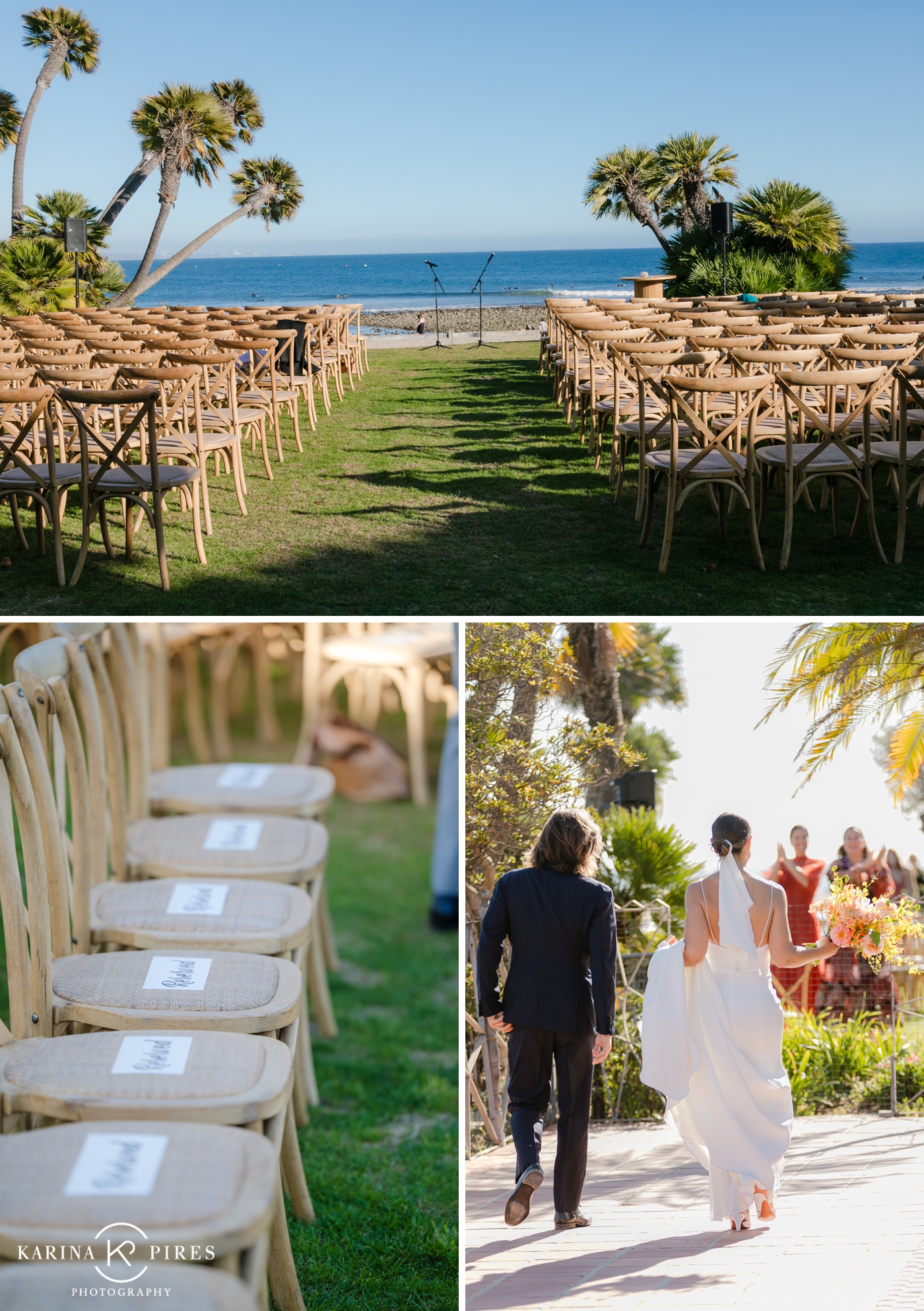 Wedding ceremony overlooking the Pacific ocean at Adamson House in Los Angeles, by Karina Pires Photography