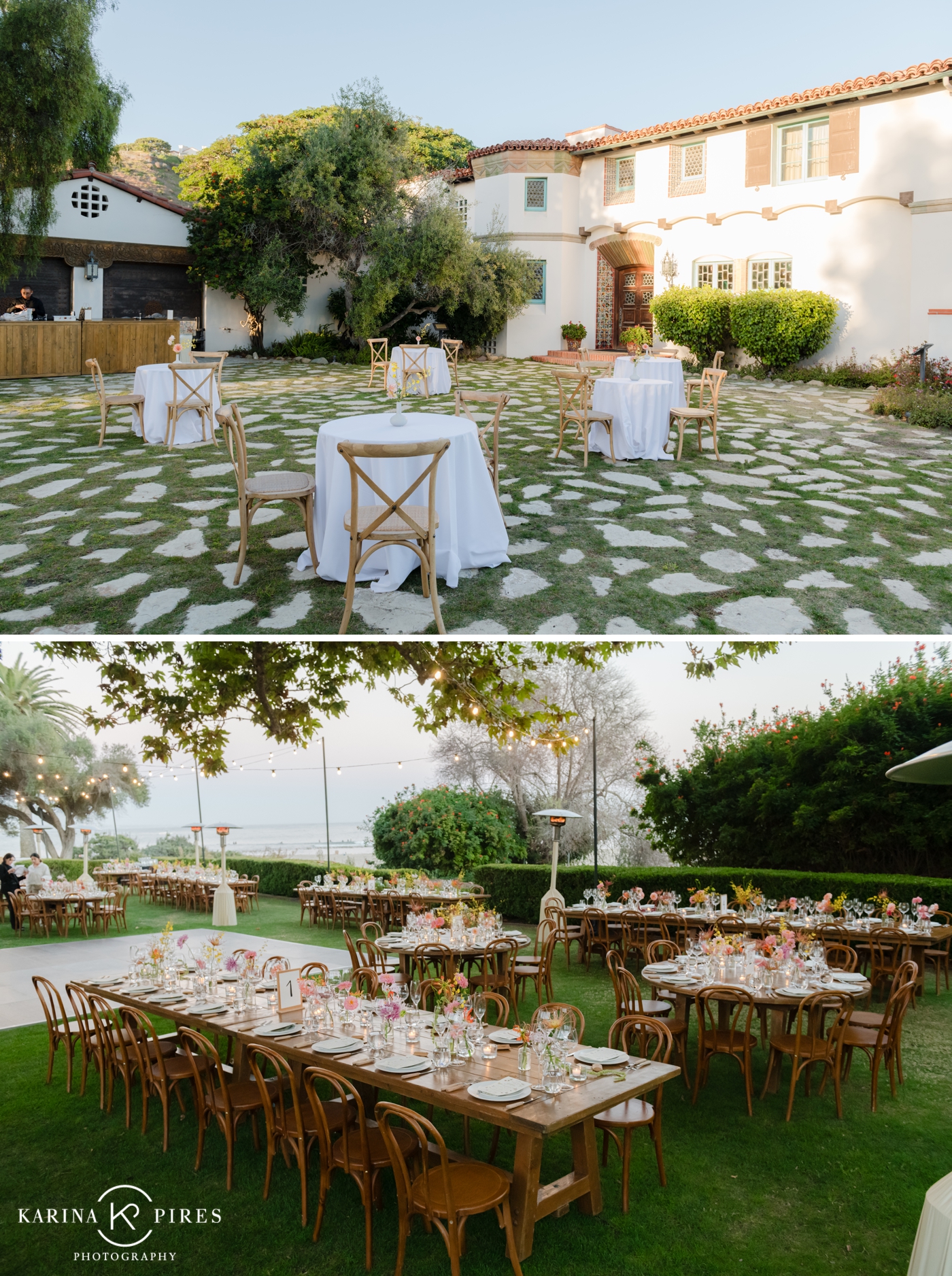Wedding reception overlooking the Pacific ocean at Adamson House in Los Angeles, by Karina Pires Photography