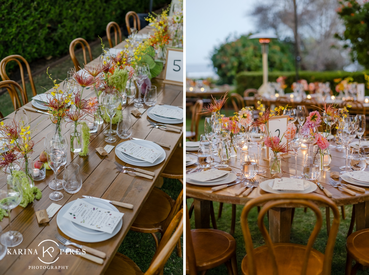 Farm tables and cafe lights for an outdoor wedding reception at Adamson House