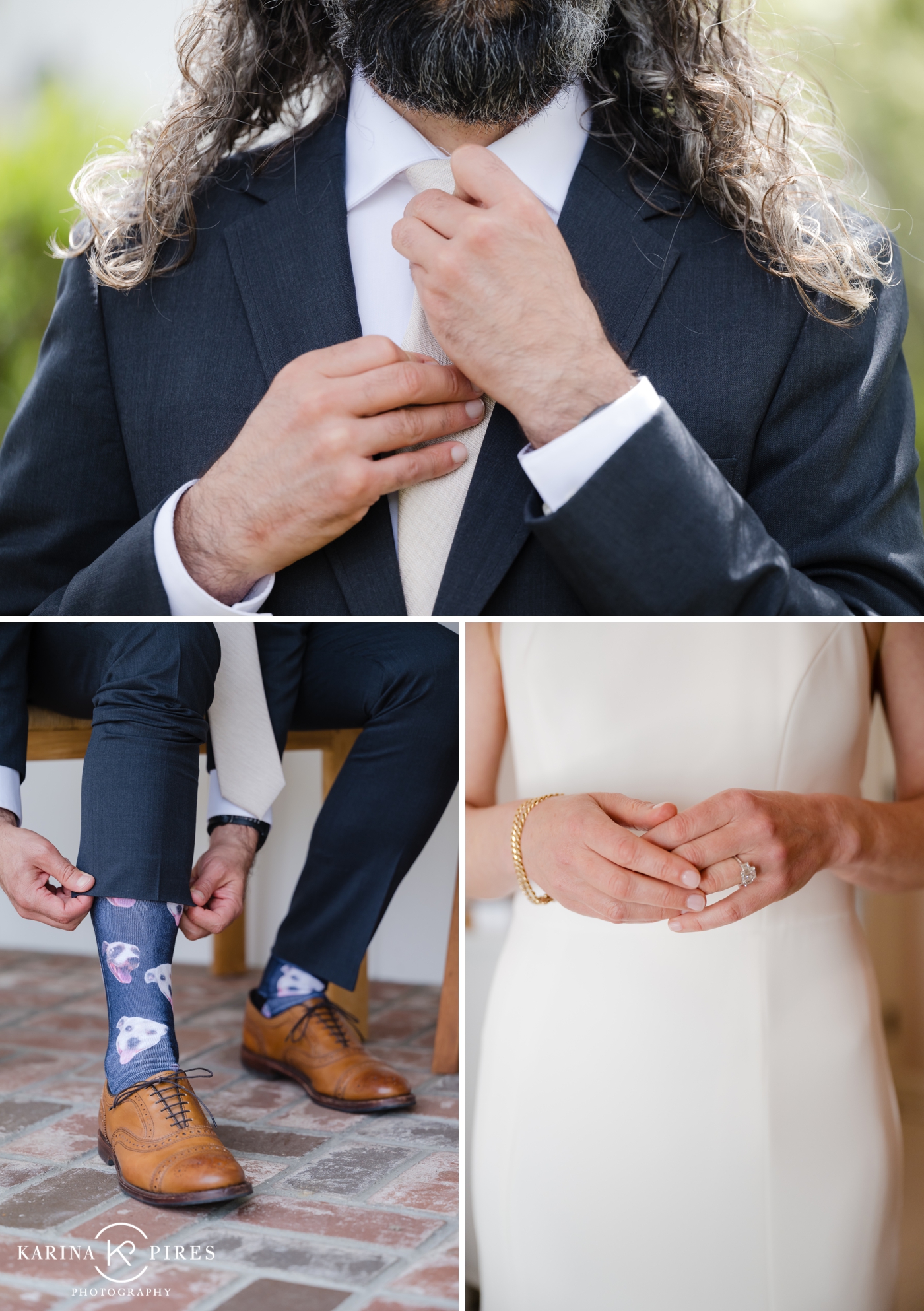 Groom wedding day details, including a pair of custom dog socks