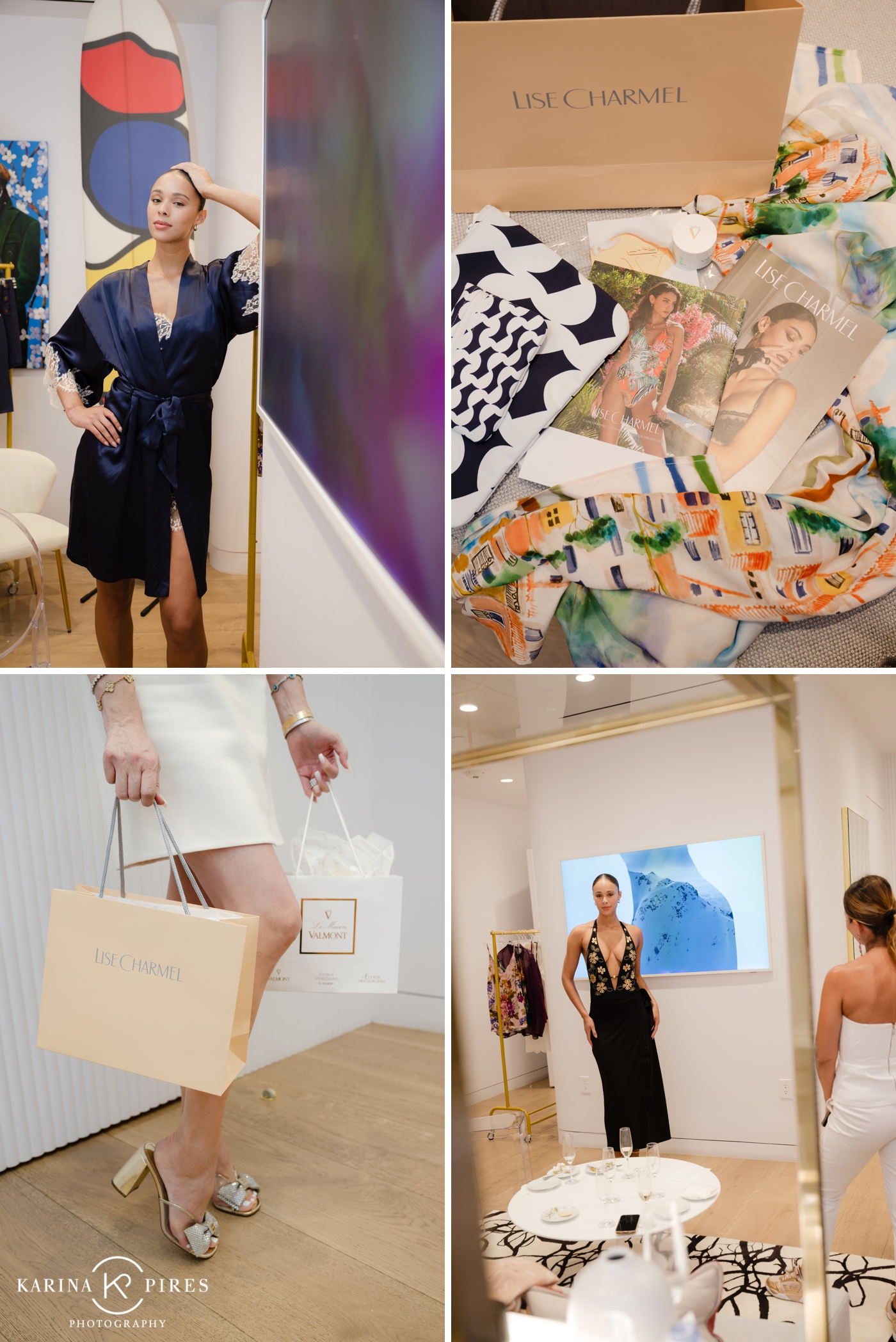 Model in luxury swimwear by Lise Charmel walking through the Valmont Beverly Hills event space, photographed candidly mid-movement.