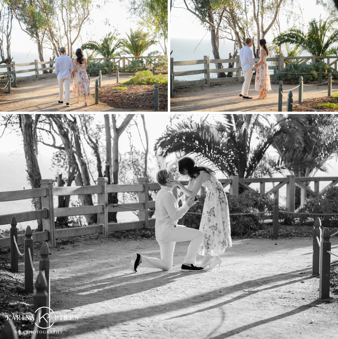 A man bending down on one knee to propose, with the ocean behind them
