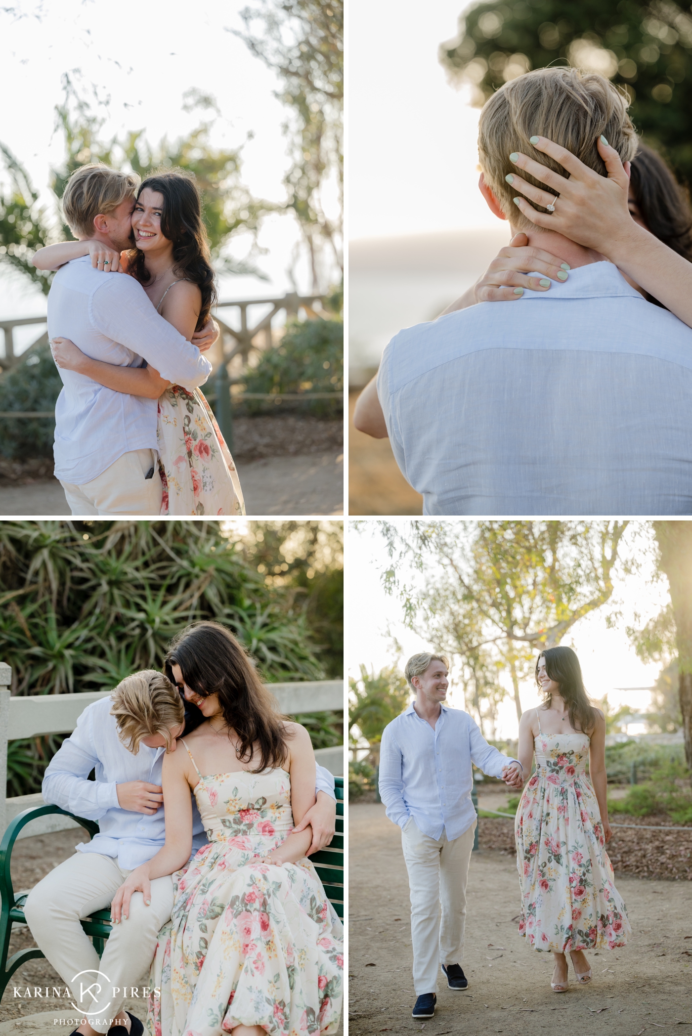 A couple holding hands and laughing after their proposal in Palisades Park, with the pacific ocean behind them