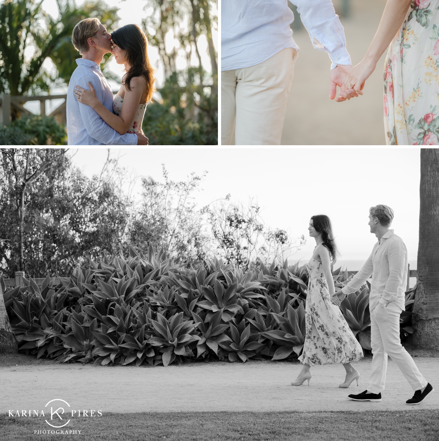 A couple holding hands and laughing after their proposal in Palisades Park, with the pacific ocean behind them