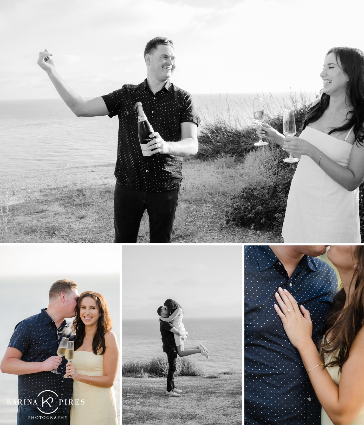 A couple celebrating their proposal, popping a bottle of champagne, and posing for the camera