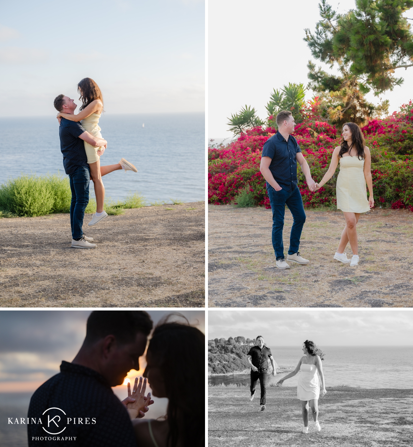 A couples engagement session on Granada Beach, next to an azalea bush, and ocean view