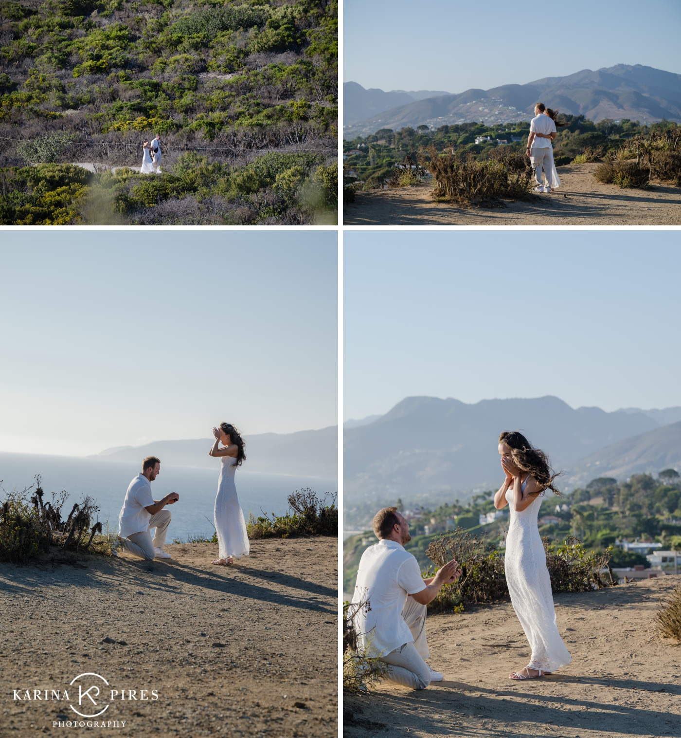 Man gets down on one knee to propose to his girlfriend, overlooking the pacific ocean