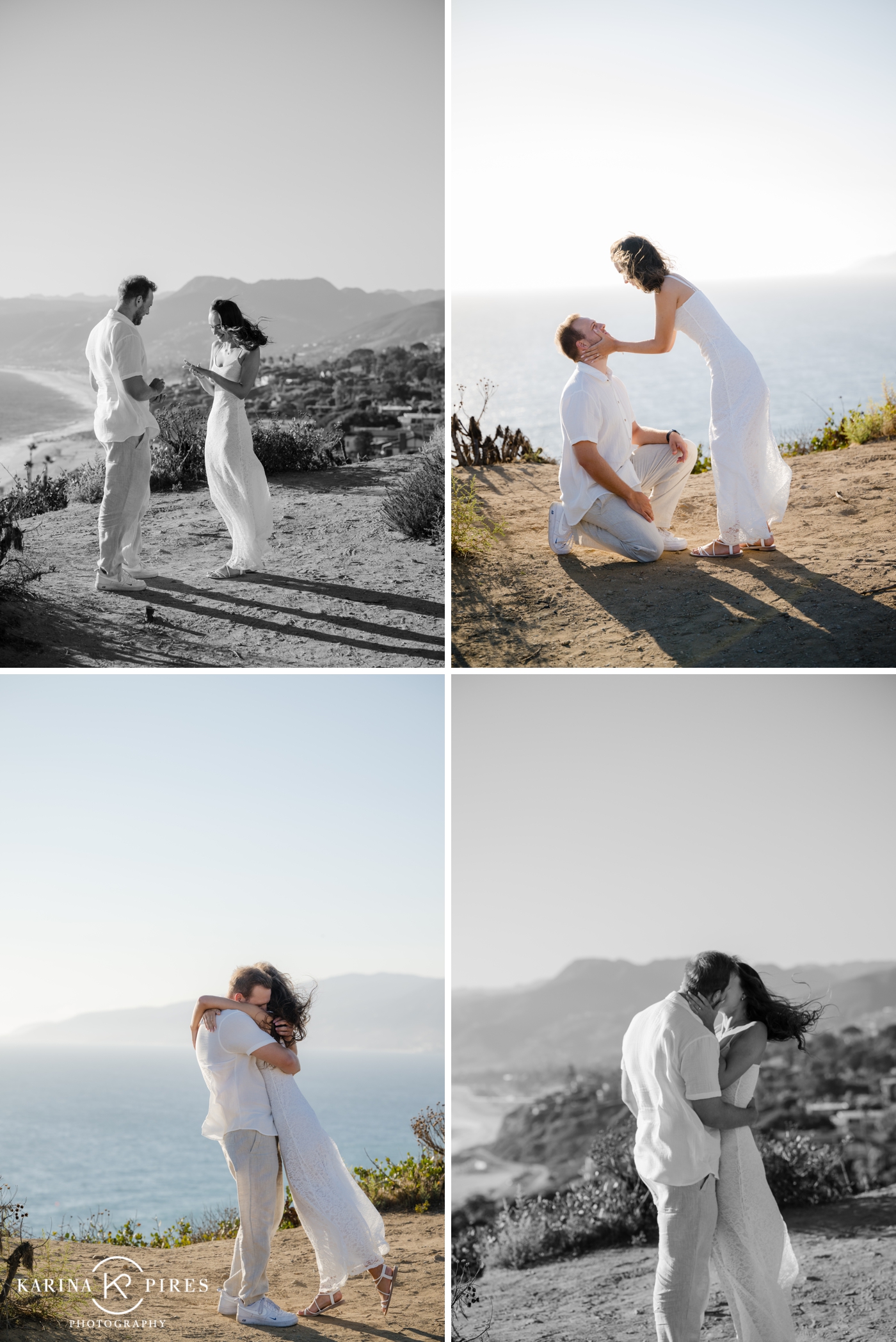 Man gets down on one knee to propose to his girlfriend, overlooking the pacific ocean