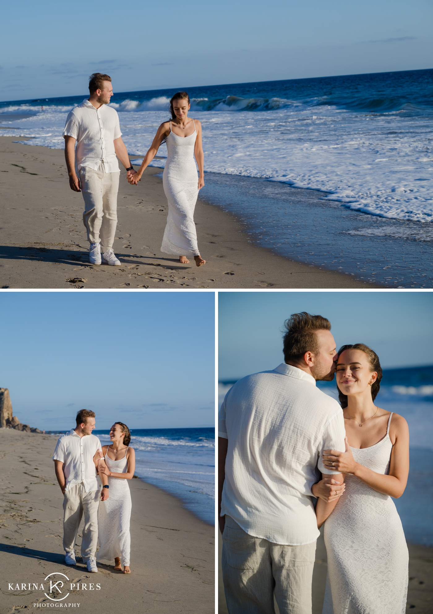 A couple having an engagement session on the beach at sunset