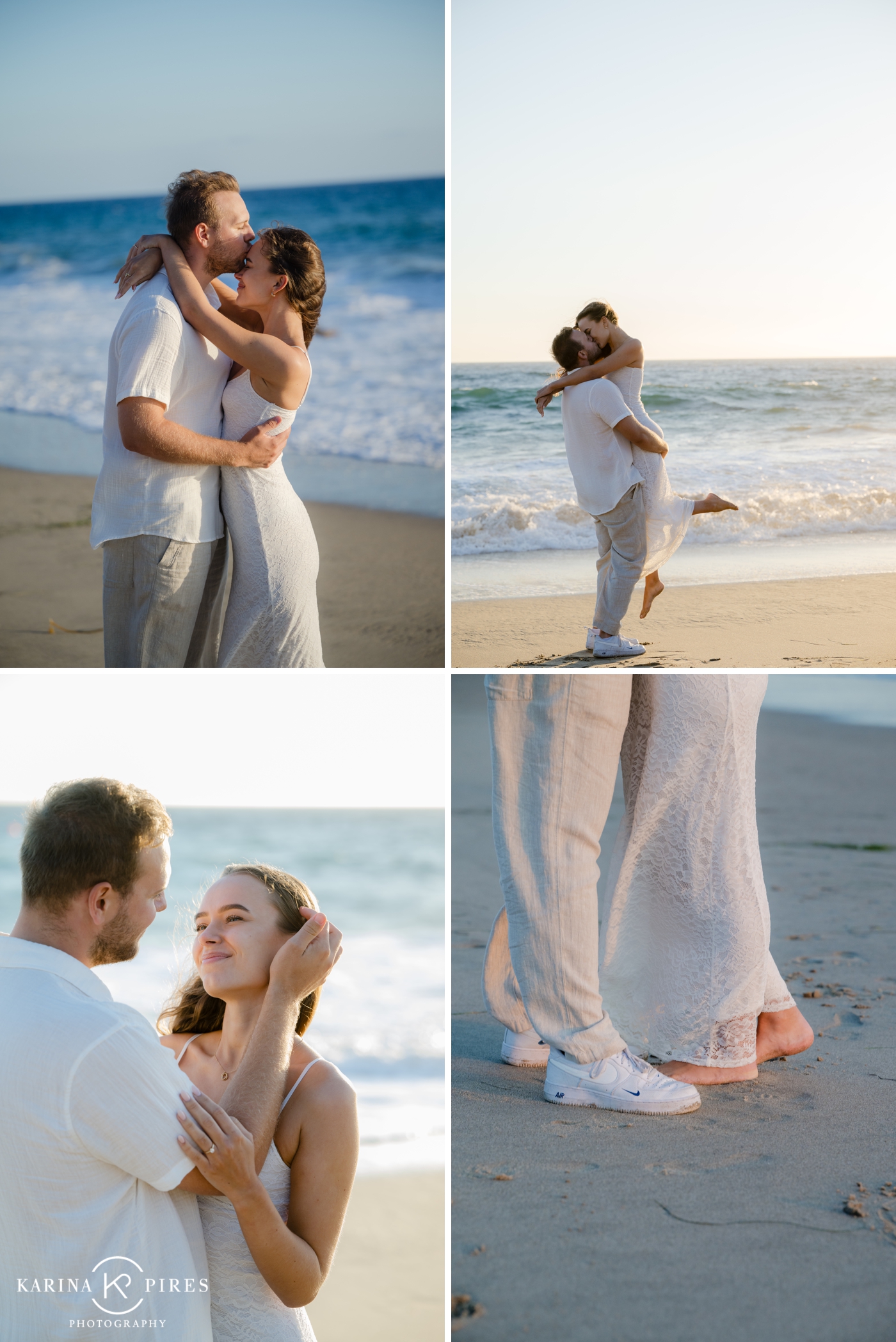 A couple having an engagement session on the beach at sunset