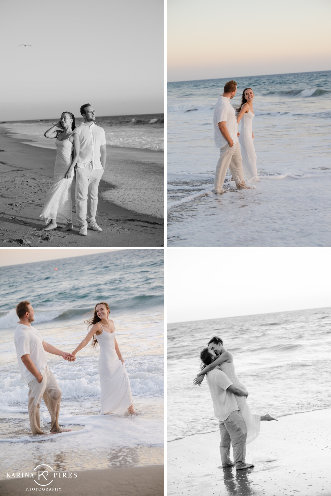 A couple holding hands, splashing in the ocean outside of Los Angeles