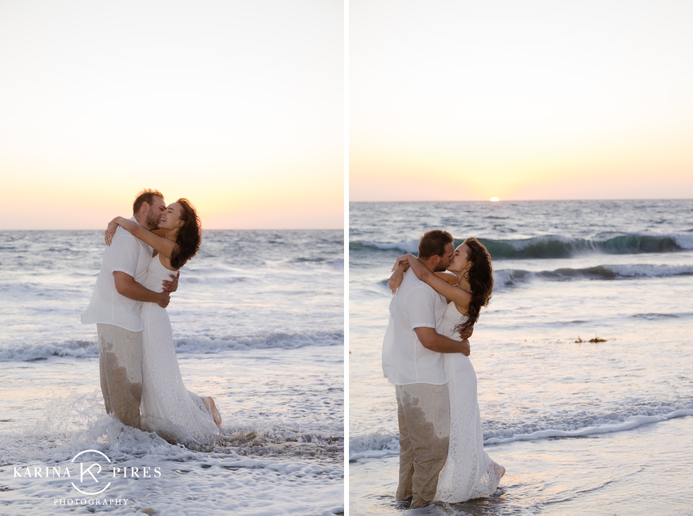 A couple holding hands, splashing in the ocean outside of Los Angeles