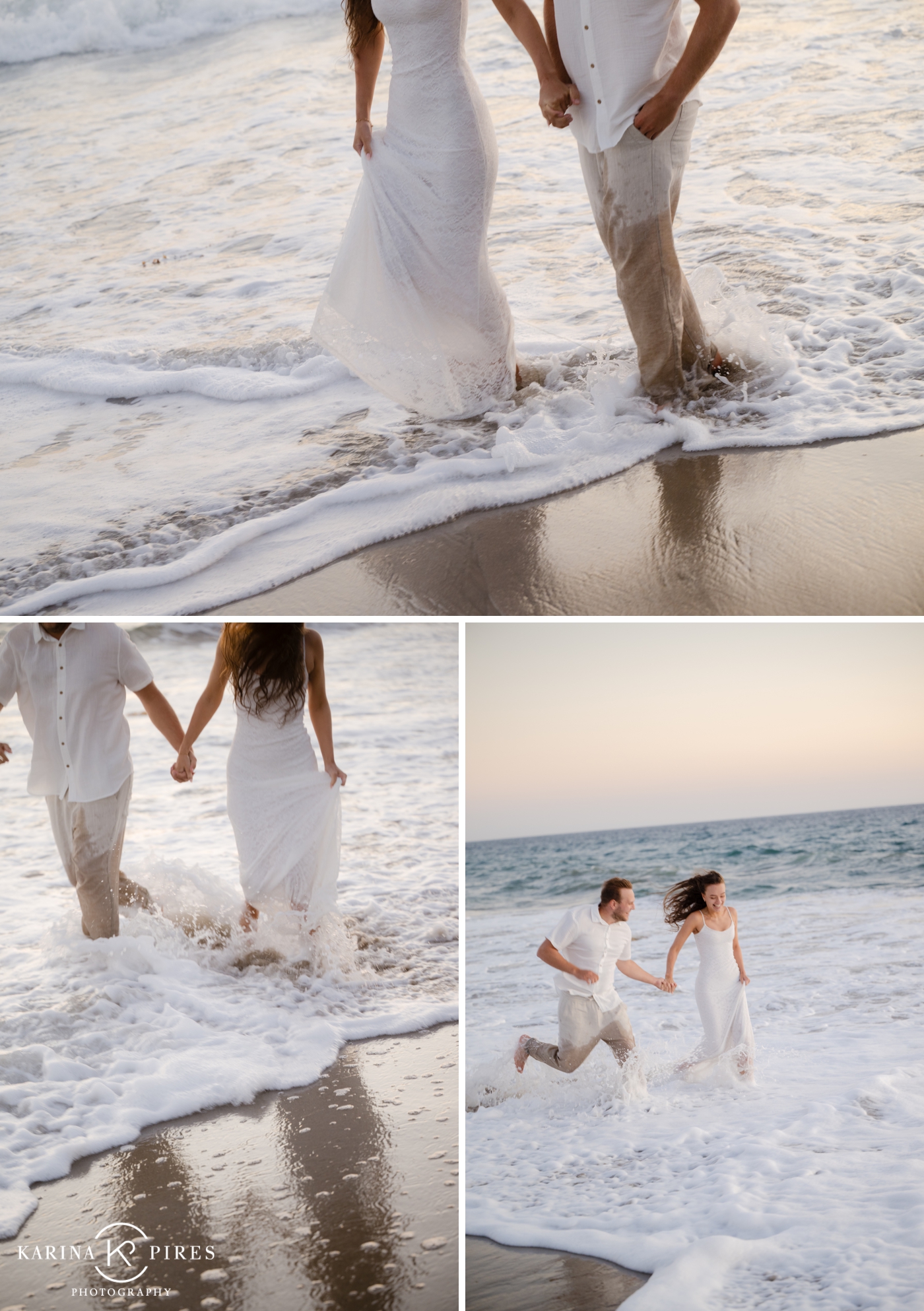 A couple holding hands, splashing in the ocean outside of Los Angeles