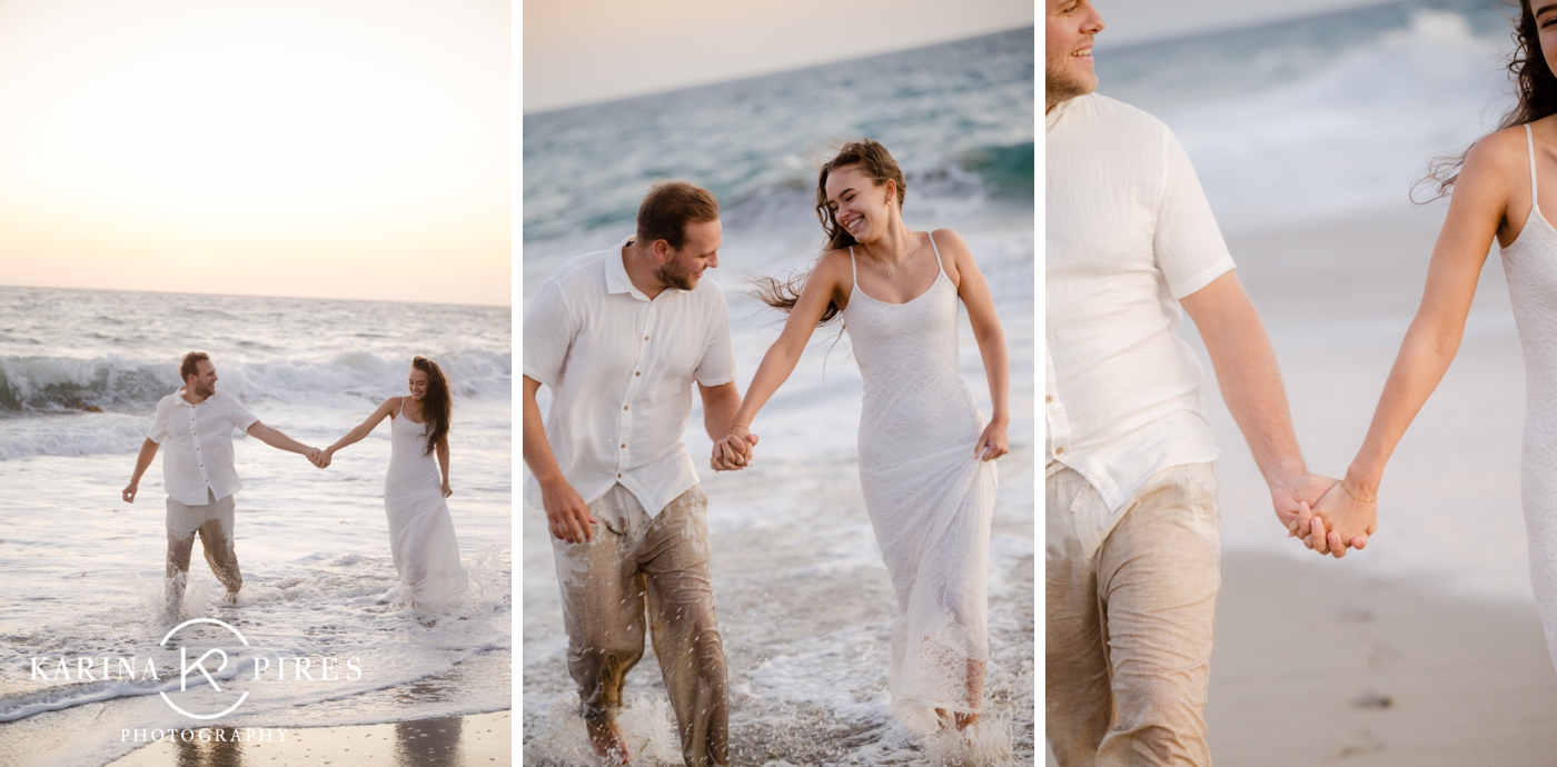A couple playing in the ocean at sunset for their LA engagement session