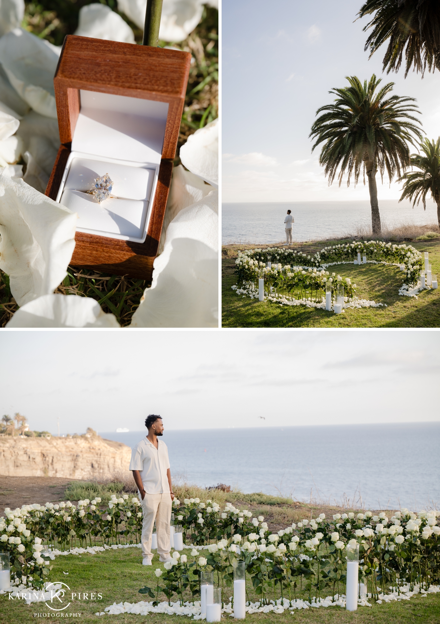 A man standing next to a proposal setup, overlooking the Palos Verdes beach, with a large heart shaped rose display