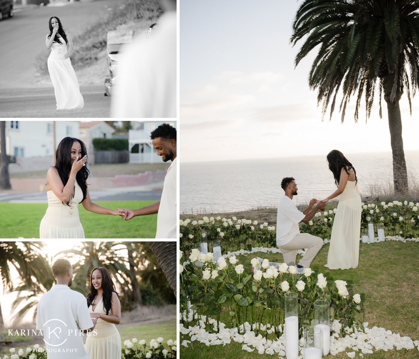 A man bending down on one knee to propose, with palm trees and the sun set and pacific ocean behind him