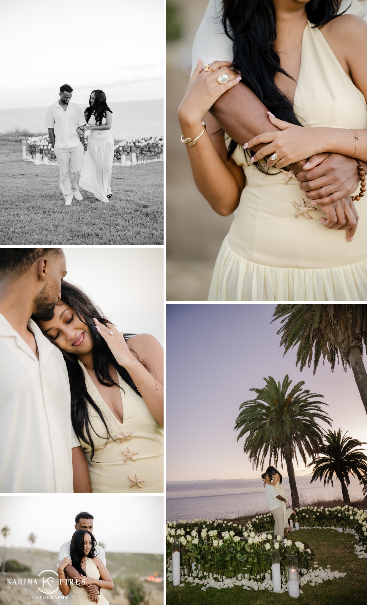 A couple posing for pictures in Palos Verdes, with the sunsetting behind them