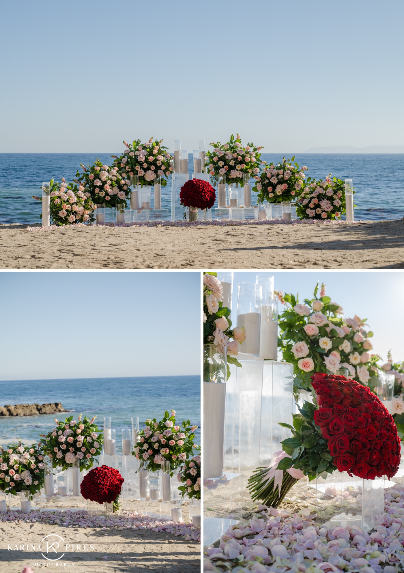 A large proposal backdrop with hundreds of roses, a large red rose bouquet, and candles. Set on Terranea beach