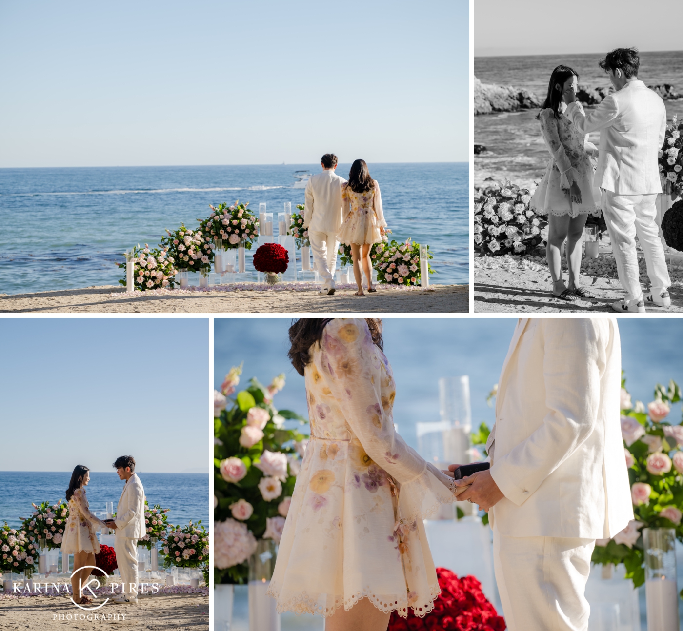 A large proposal backdrop with hundreds of roses, a large red rose bouquet, and candles. Set on Terranea beach