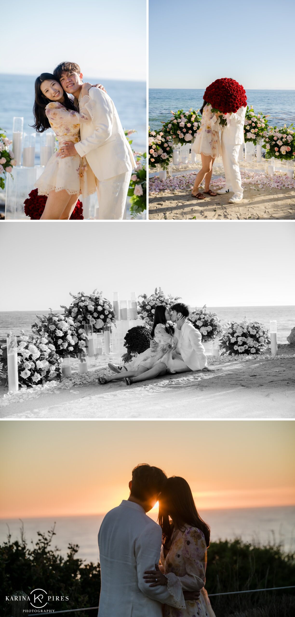 A couple after their LA beach proposal, with the sunsetting over the ocean behind them