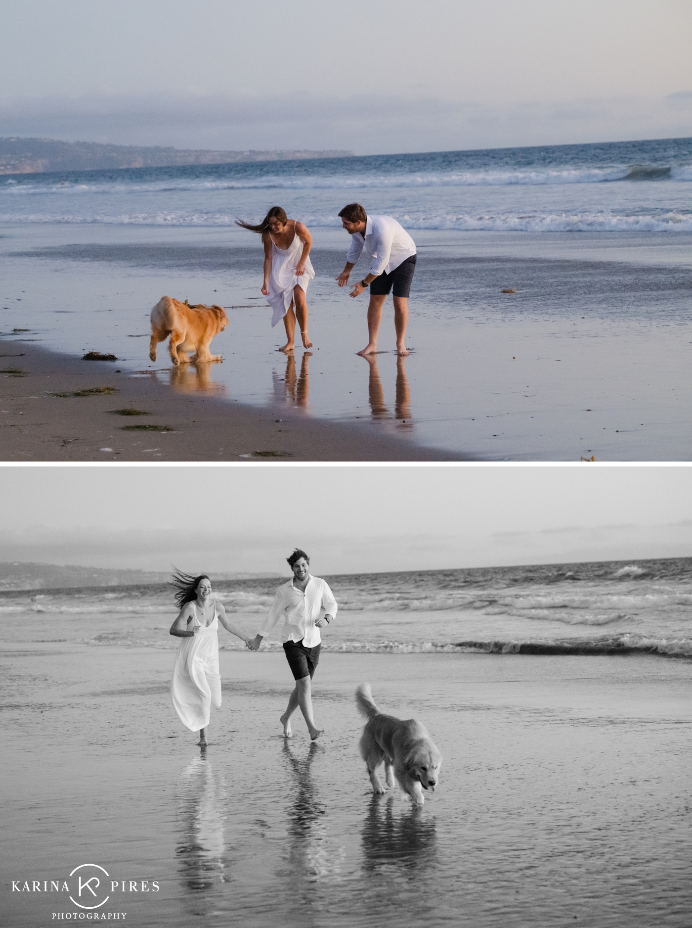 A couple walking barefoot along the shoreline with golden retriever Gundo trotting beside them at Manhattan Beach.