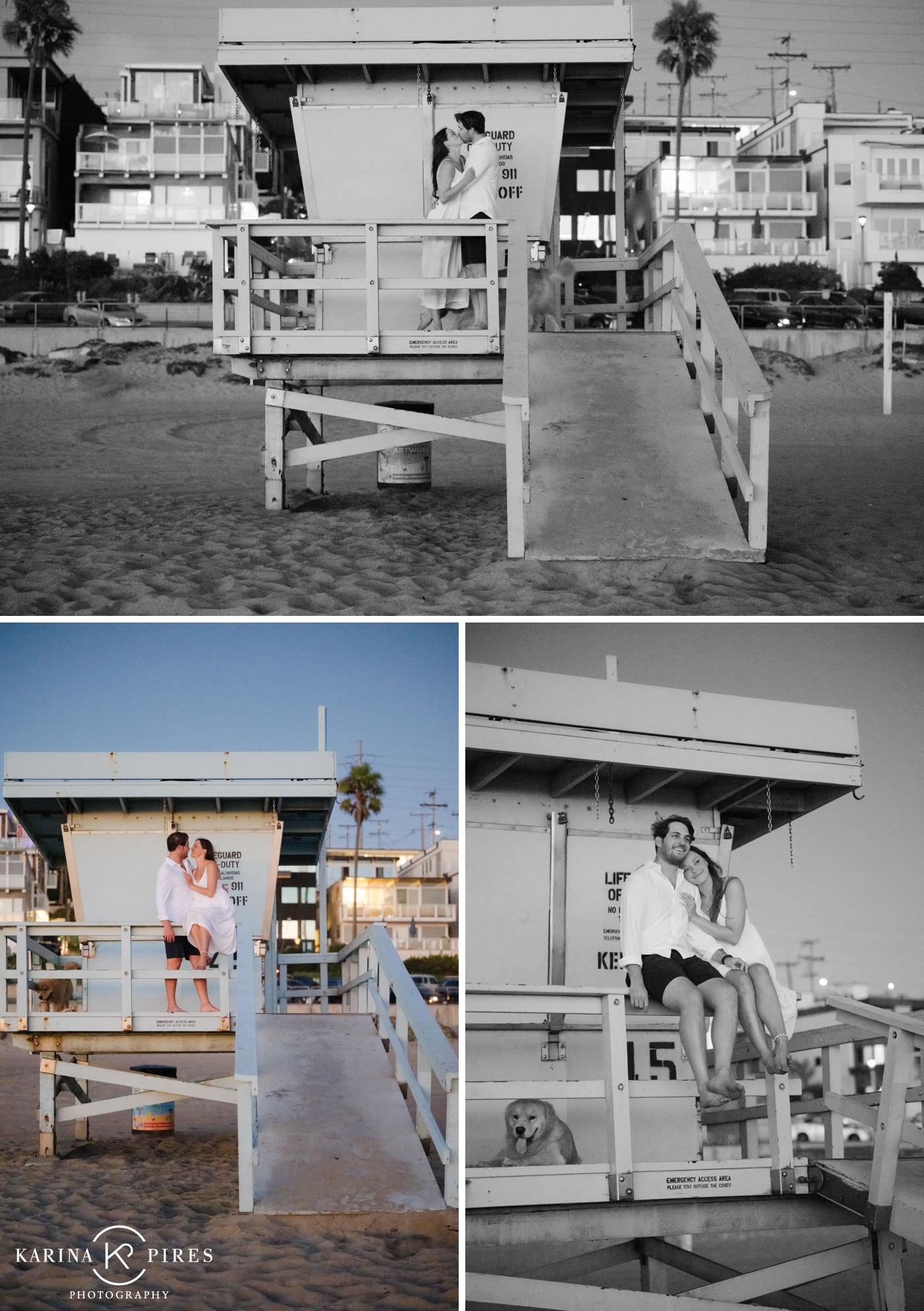 A couple posing at a lifeguard stand on Manhattan Beach in Southern California, with their golden retriever
