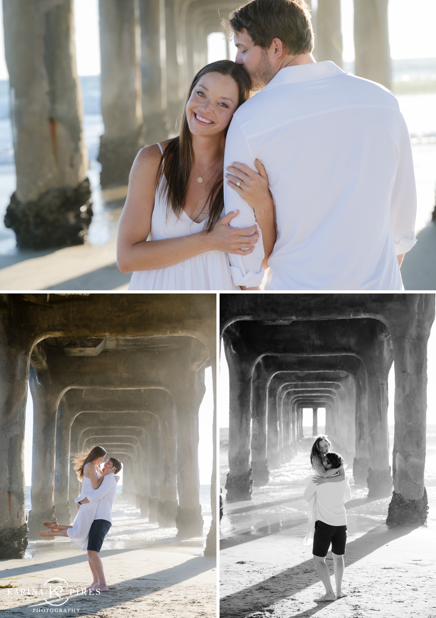 A couple standing under the Manhattan Beach Pier with the iconic arches framing them for their engagement session